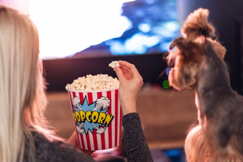 映画を見ながらポップコーンを食べる女性と犬