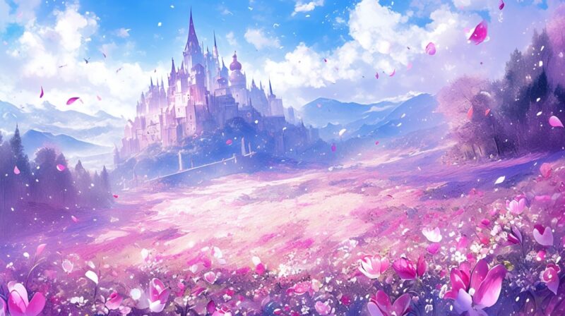 パステルな花が咲き乱れる花園と、西洋風の古城のファンタジーなイラスト